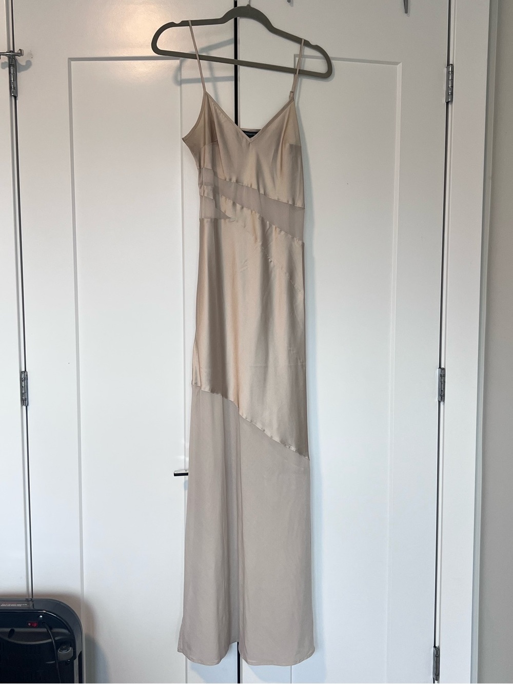 French Connection Beige Satin & Mesh Maxi Slip Dress